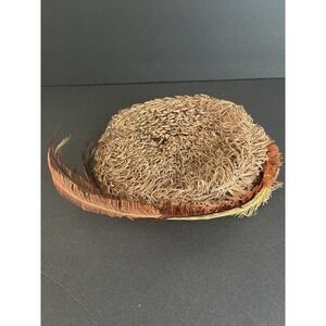 Royal Crown Womens Vintage Tan Straw Hat Tam Beret Feathers One Size Retro